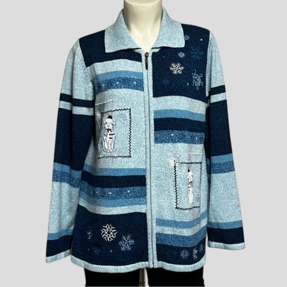 Vintage Carroll Reed Multi Shade Blues Zip Up Embroidered Knit Cardigan Sweater